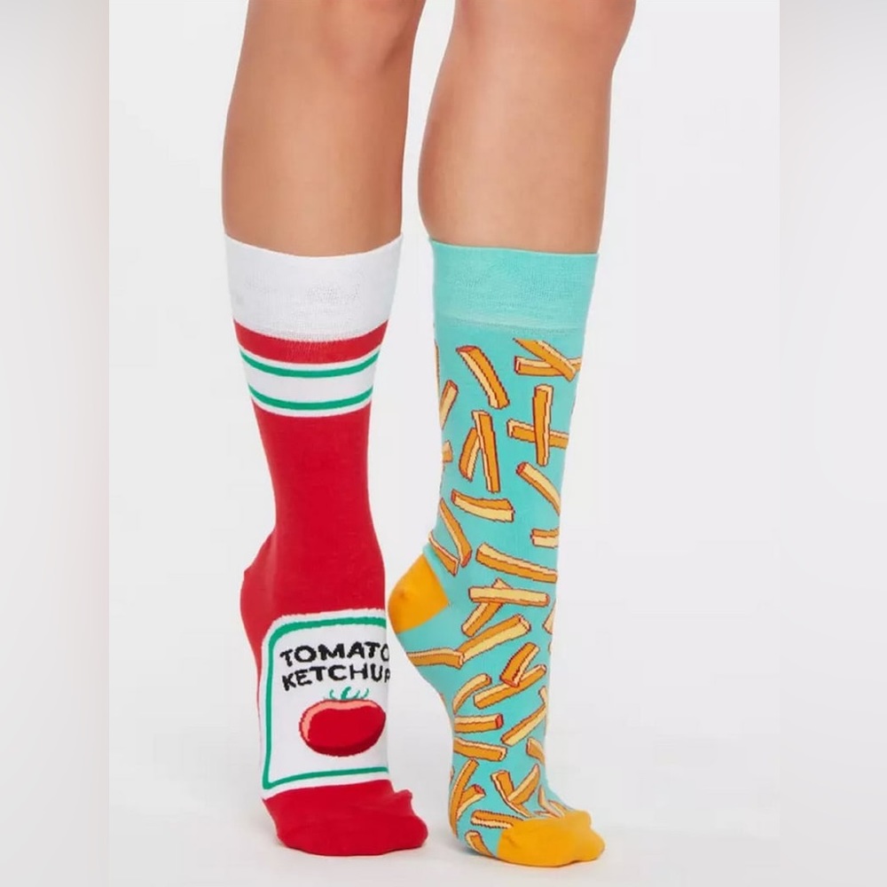 French Fries and Ketchup Patterned Novelty Mismatched Unisex Socks